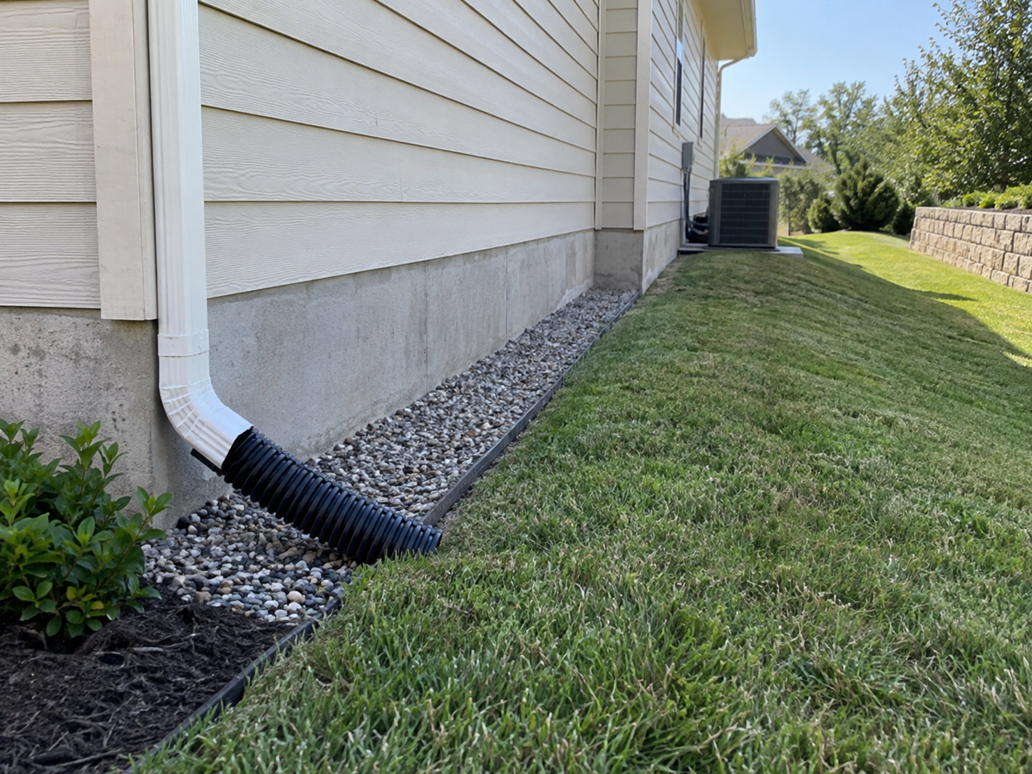 New Braunfels foundation repair drainage solution with a downspout extension and graded landscaping directing water away from the home foundation